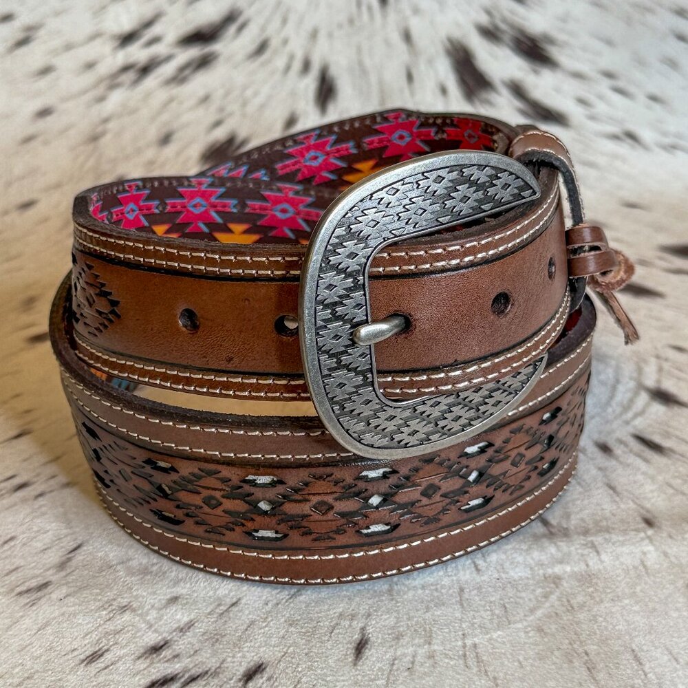 NEW Men's Ivory Underlay Genuine Leather Southwestern Western Belt (32)